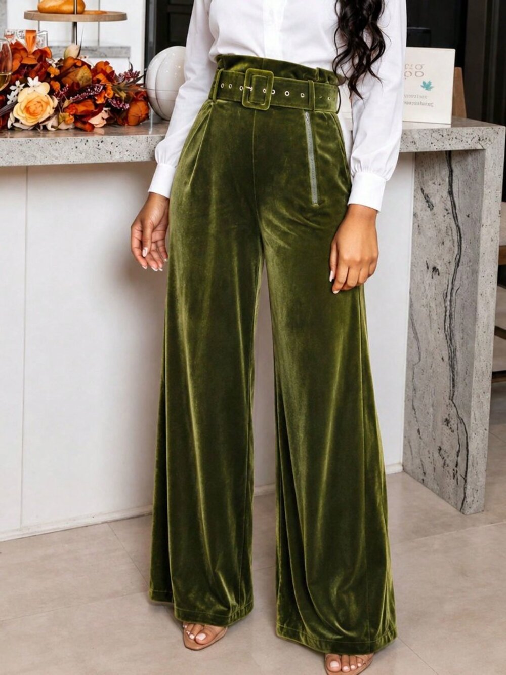 Green Elegant Women's Velvet Wide Leg Pants Loose Fit Trousers